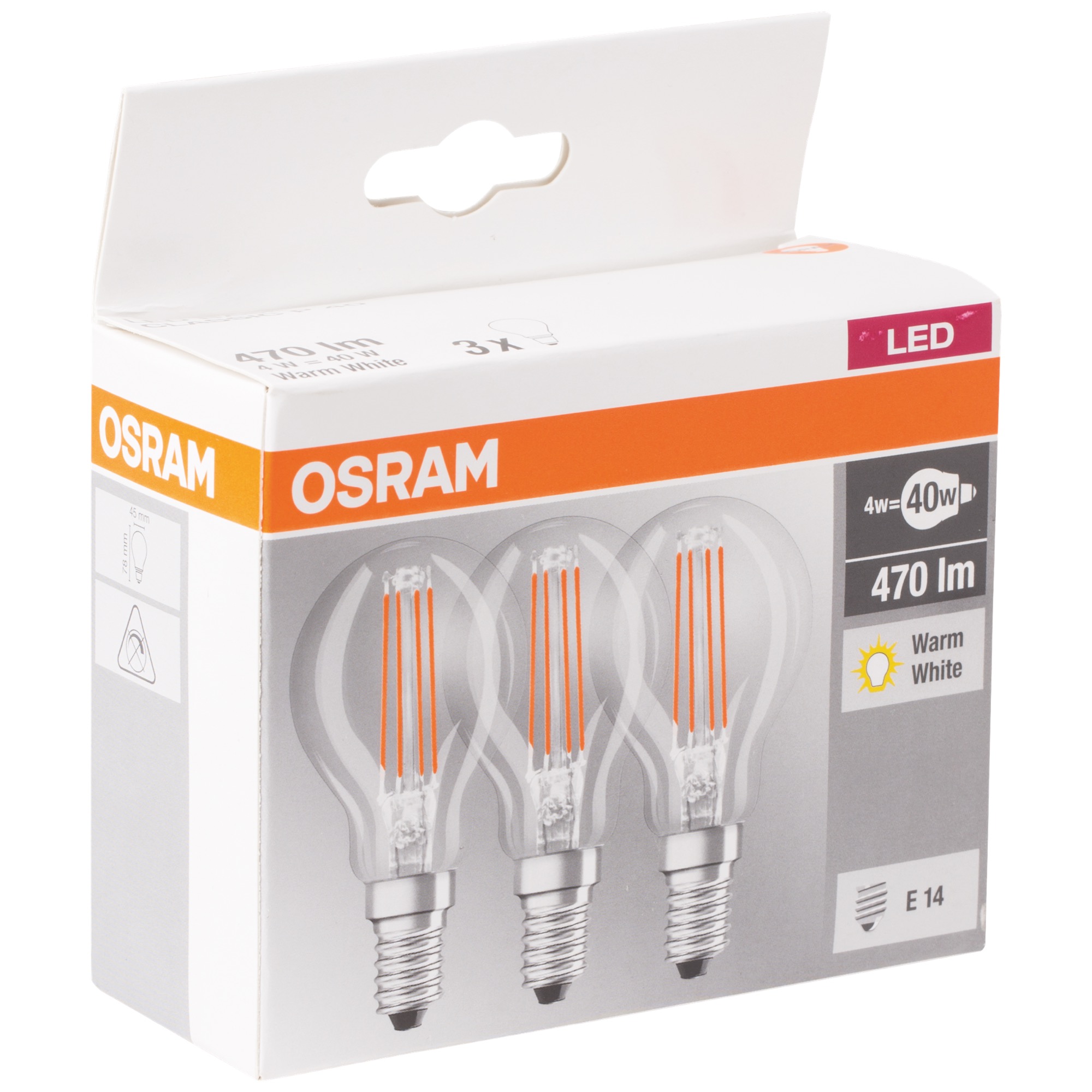 Osram LED Base Clas. číra P40 4W E14 3ks